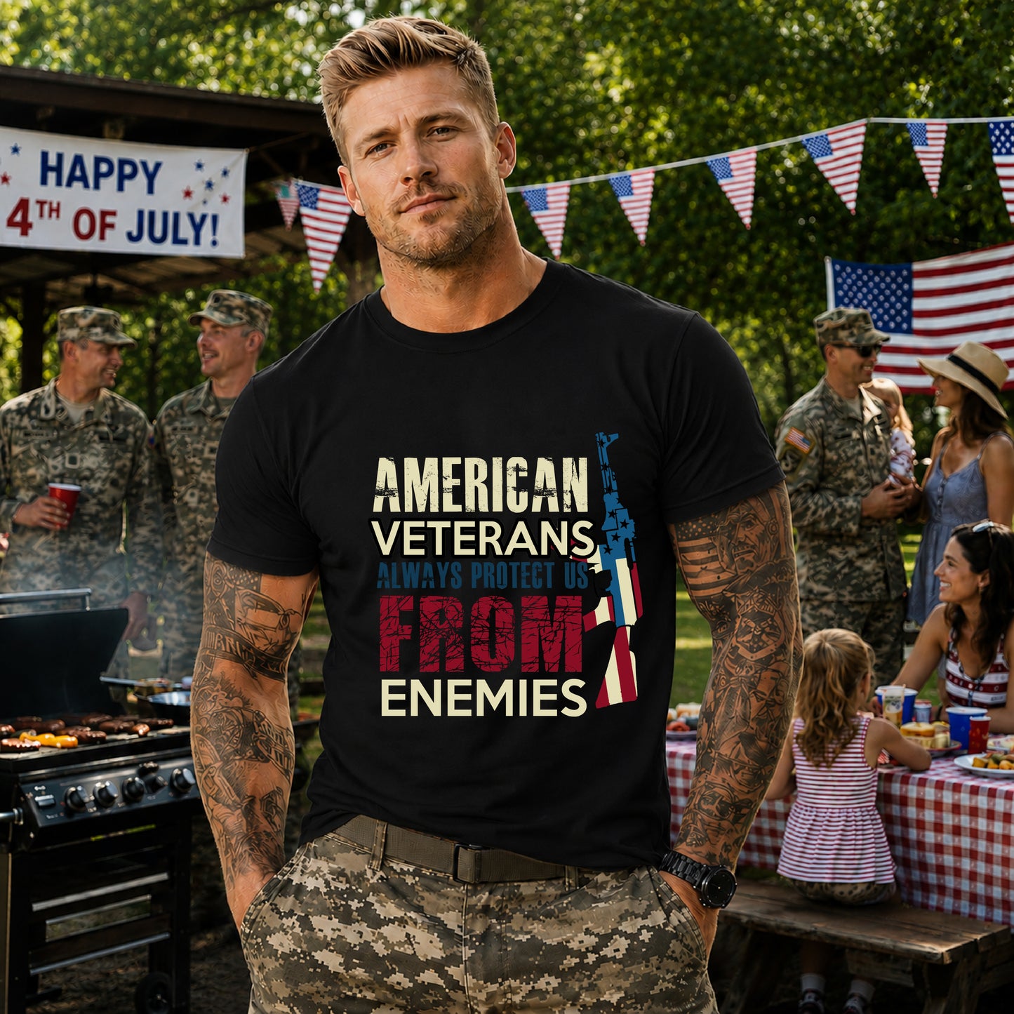 American Veterans Always Protect Us From Enemies T-Shirt Patriotic Military Unisex Cotton Tee v44