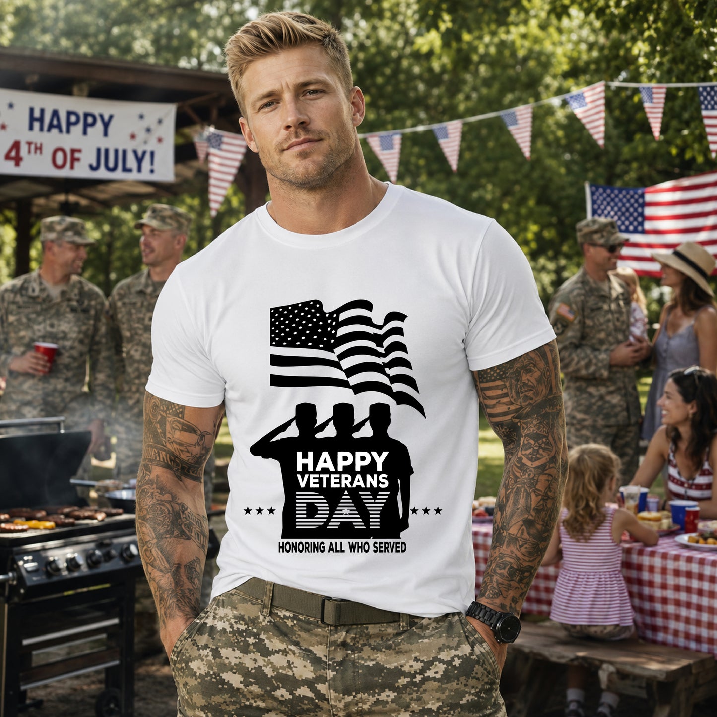 Happy Veterans Day saluting soldiers T-Shirt Patriotic American flag Unisex Cotton v51